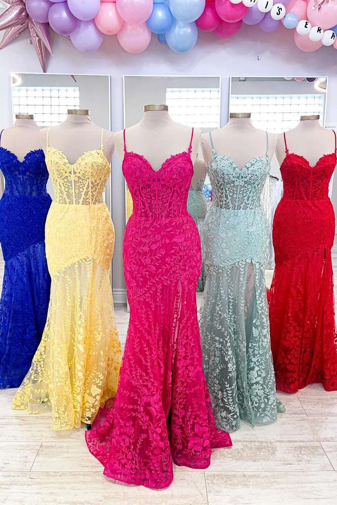 Sheath Mermaid  Hot Pink Brush Train Dresses Lace  Long Prom Dress With Applique