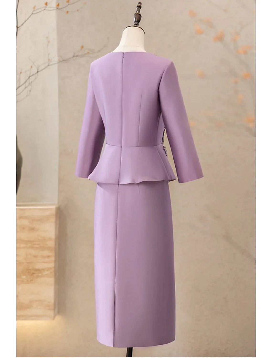 Two Piece Cocktail Dresses Elegant Dress Wedding Party Tea Length Long Sleeve V Neck Satin with Appliques Mother of the Bride Dress