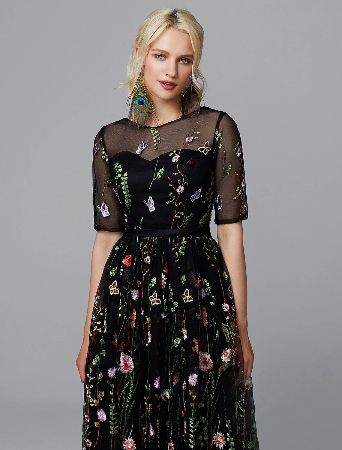A-Line Floral Dress Valentine's Day Wedding Guest Tea Length Half Sleeve Illusion Neck Lace with Embroidery Appliques