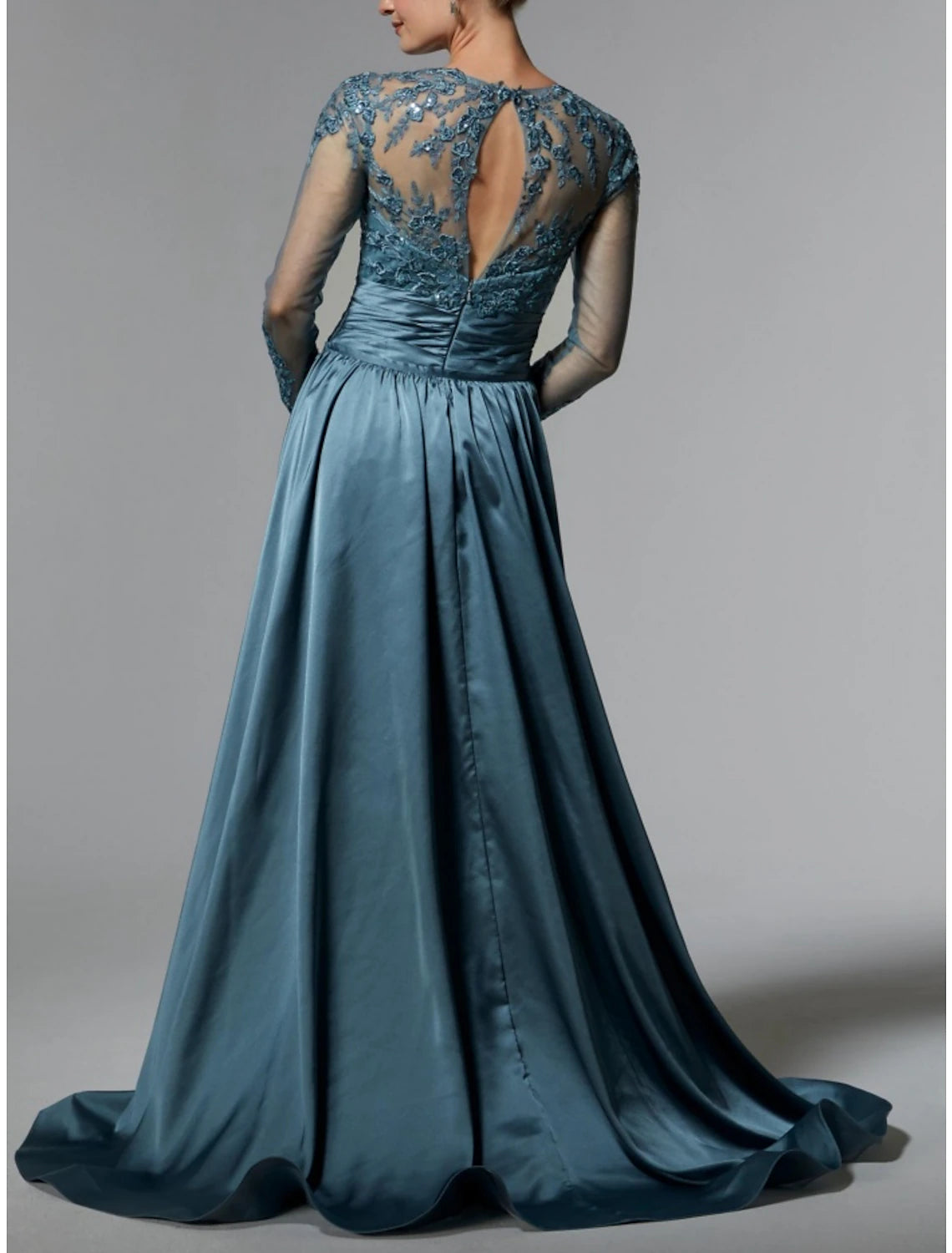 Mermaid / Trumpet Mother of the Bride Dress Wedding Guest Elegant Jewel Neck Satin Long Sleeve with Lace Sequin Ruching