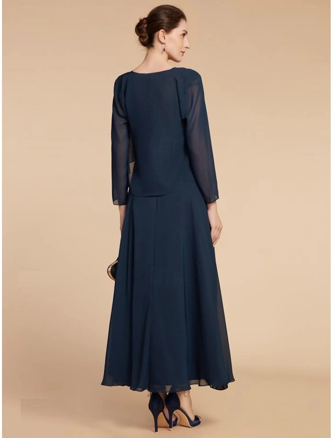 A-Line  Jewel Neck Ankle Length Wedding Guest Chiffon Lace Long Sleeve Mother of the Bride Dress with Ruching