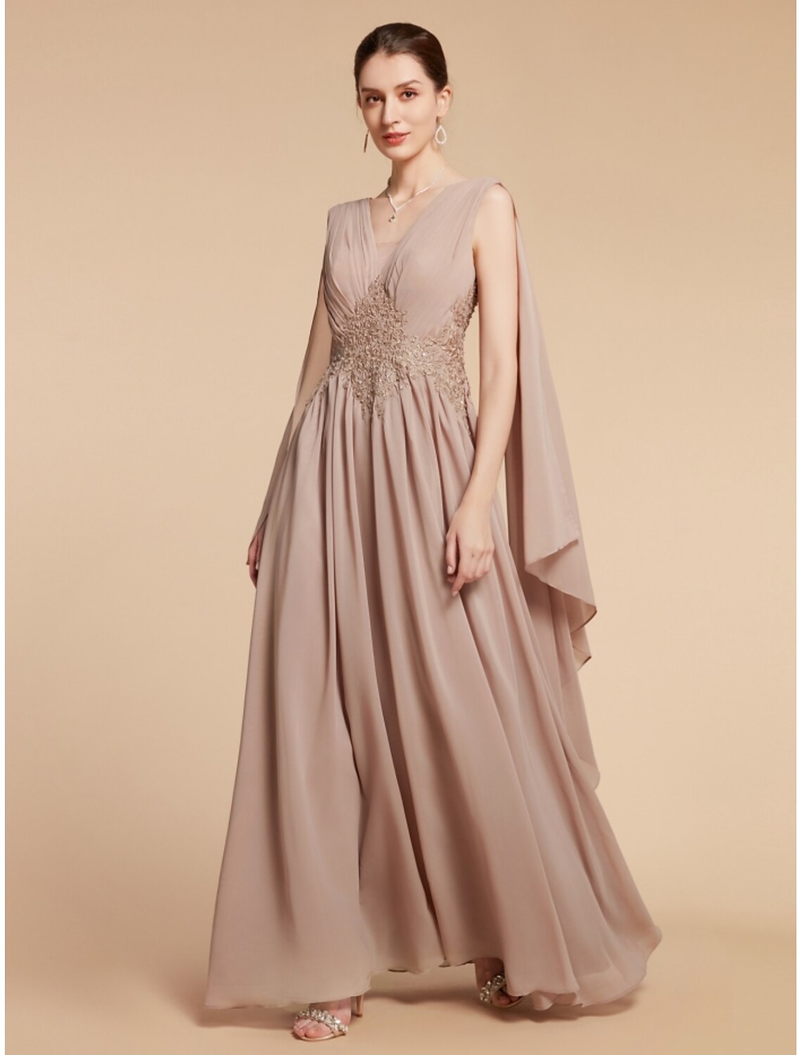 A-Line  V Neck Ankle Length Mother of the Bride Dress Wedding Guest Chiffon Lace Sleeveless with Ruching
