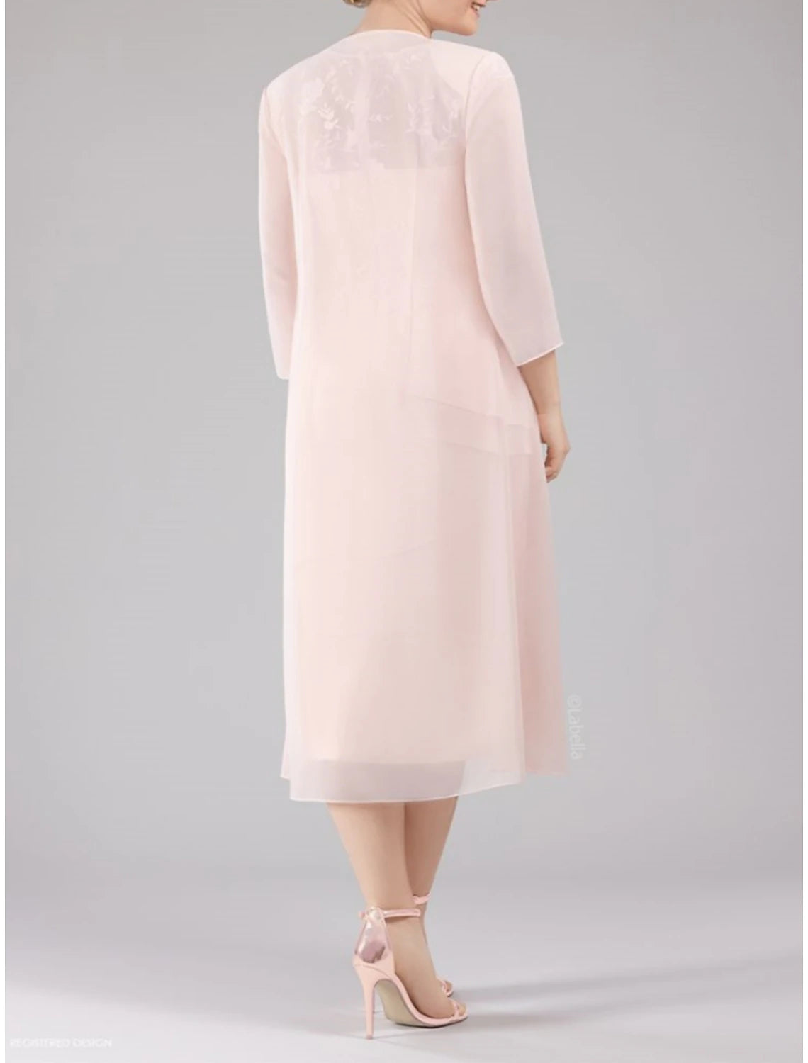 Sheath/Column Mother of the Bride Dress Wedding Guest Petite Scoop Neck Tea Length Chiffon 3/4 Length Sleeve with Lace Tiered