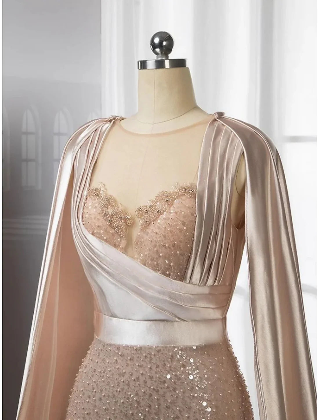 Evening Gown Elegant Dress Formal Court Train Long Sleeve Illusion Neck Stretch Satin with Pleats Ruched Beading