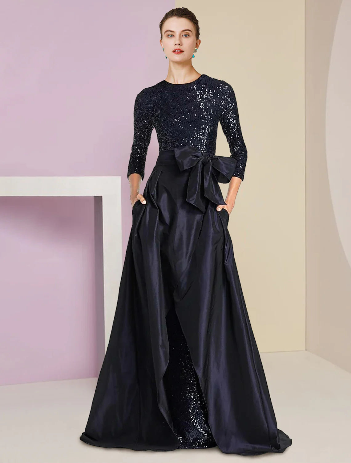 Two Piece Sheath / Column Mother of the Bride Dress Formal Wedding Guest Sparkle & Shine Elegant Scoop Neck Floor Length Detachable Taffeta Sequined 3/4 Length Sleeve with Bow