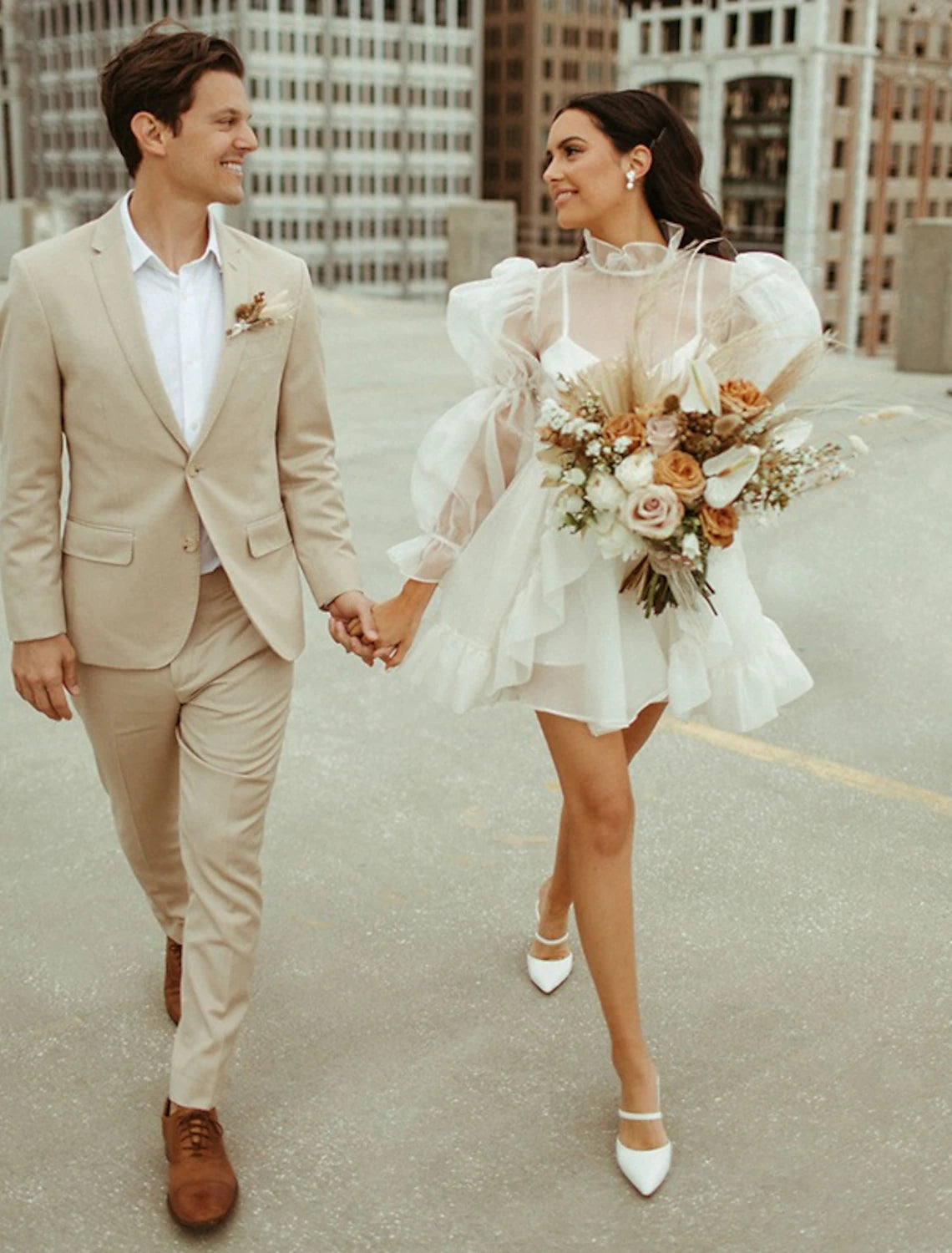 Reception Little Dresses Wedding Dresses A-Line High Neck Long Sleeve Short / Mini Organza Bridal Gowns With Pick Up Skirt