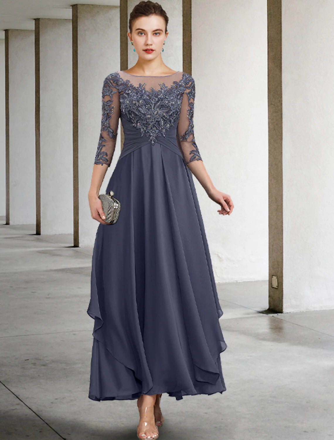 A-Line Mother of the Bride Dress Wedding Guest Elegant Plus Size Jewel Neck Ankle Length Chiffon Lace 3/4 Length Sleeve with Ruched Sequin Appliques