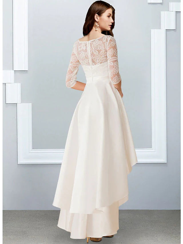 Little White Dresses Wedding Dresses Asymmetrical A-Line Half Sleeve Illusion Neck Chiffon With Cascading Ruffles