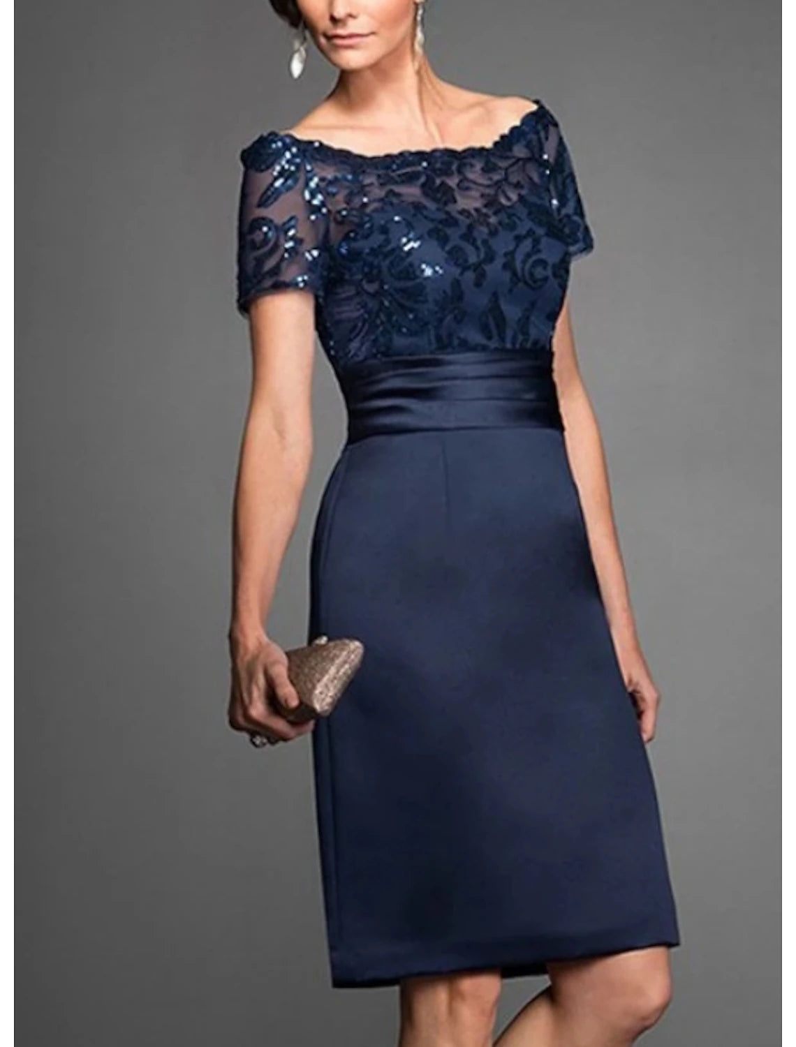 Sheath / Column Mother of the Bride Dress Wedding Guest Off Shoulder Knee Length Chiffon Lace Tulle Short Sleeve with Lace Sequins