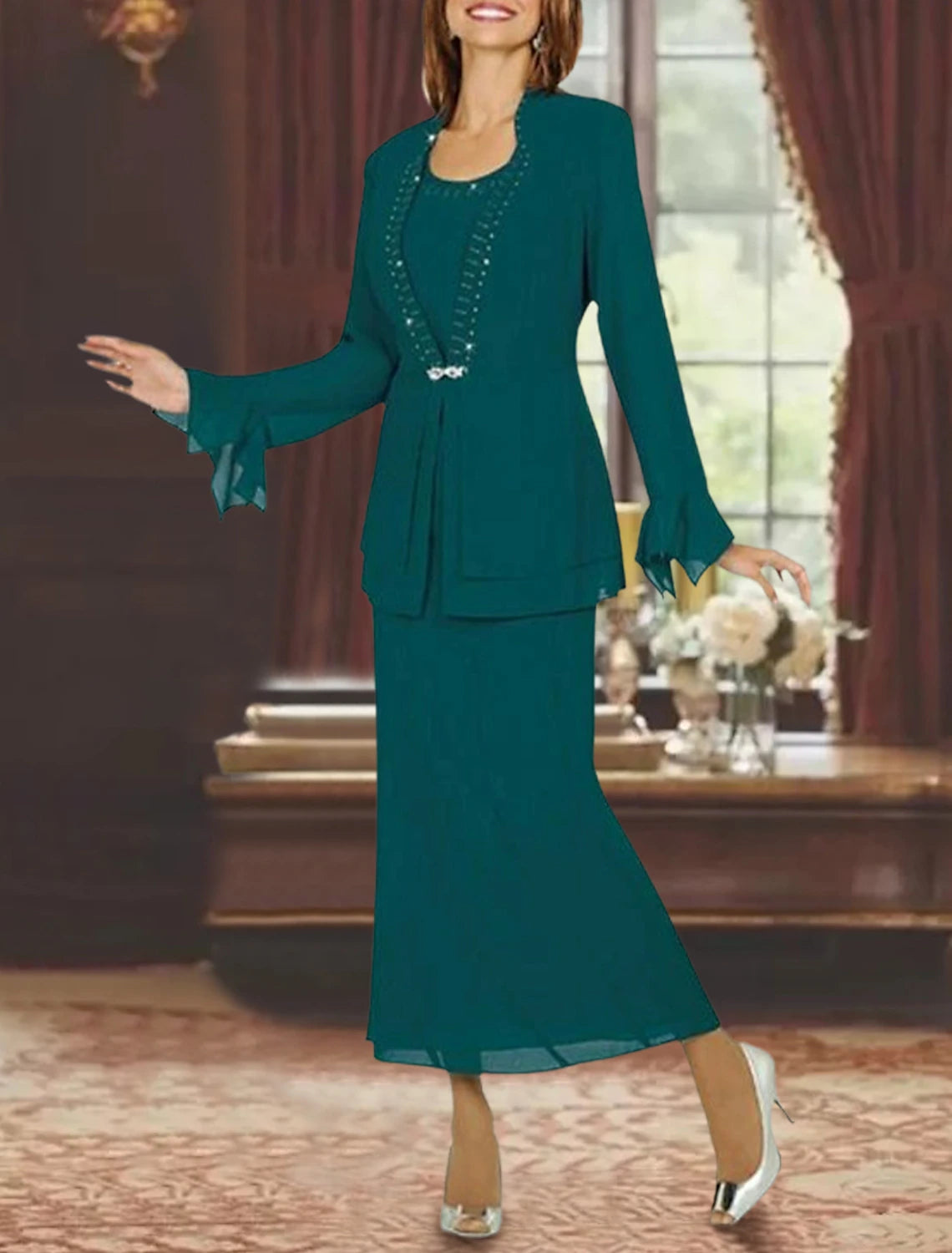 Sheath / Column Jewel Neck Ankle Length Formal Wedding Guest Two Pieces Chiffon Long Sleeve Jacket Dresses Mother of the Bride Dress with Beading Crystal Brooch