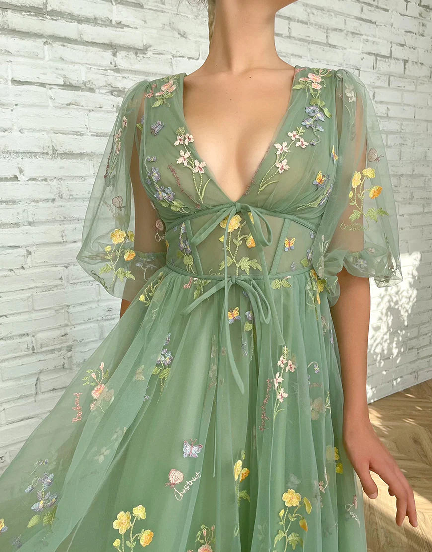 V-neck Floral Prom Dress