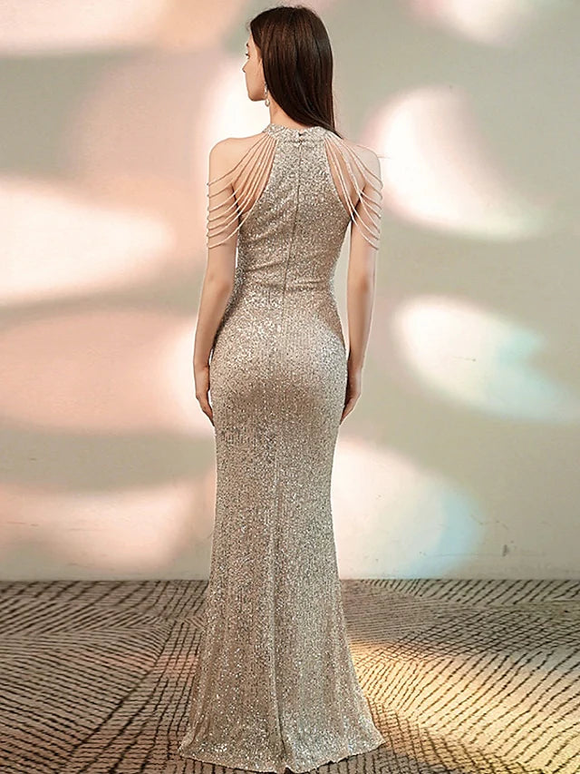 Mermaid / Trumpet Evening Gown Sparkle Dress Party Wear Floor Length Sleeveless Halter Sequined with Beading Sequin