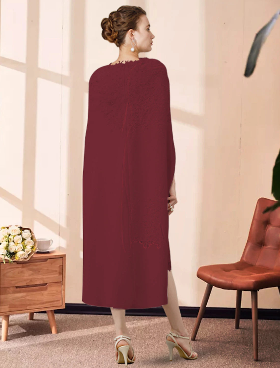 Two Piece Sheath / Column Mother of the Bride Dress Wedding Guest Church Elegant Jewel Neck Knee Length Chiffon Lace Sleeveless with Beading Appliques