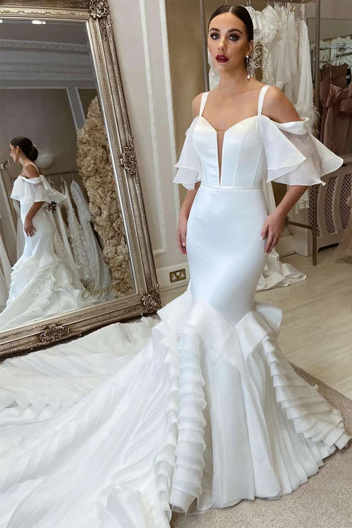 White Spaghetti Straps Mermaid Sweetheart Long Wedding Dress Beautiful