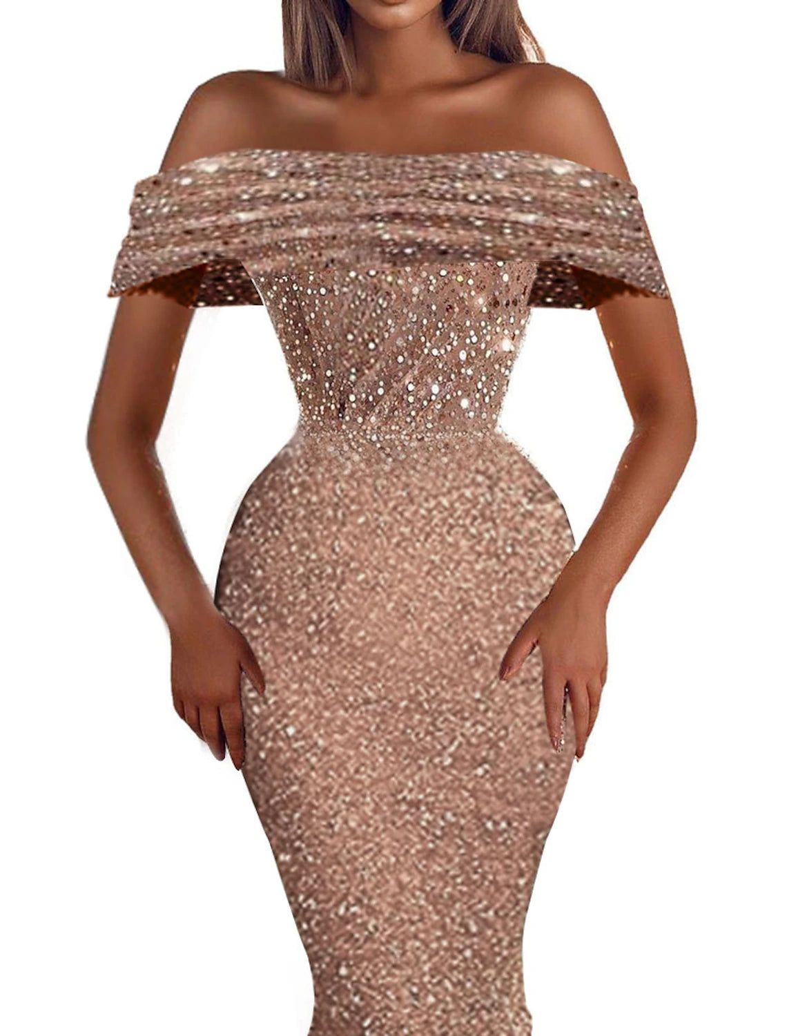 Sheath Mermaid Evening Dress Sleek Glitter Sparking Sequins Short Sleeve Off the Shoulder Party Dress