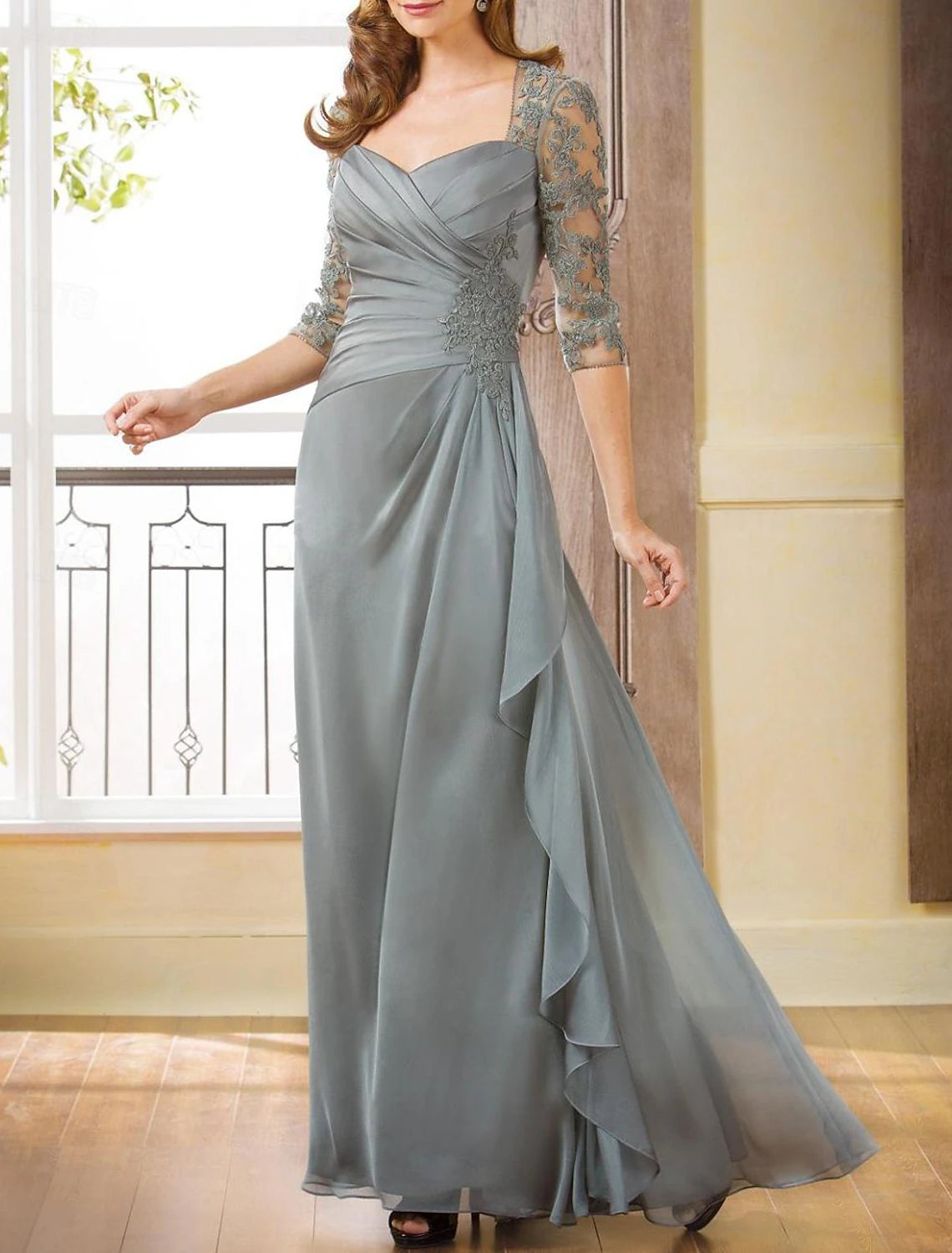 Sheath A-Line Trumpet Mother of the Bride Dress Elegant Jewel Neck Wedding Guest Floor Length Chiffon 3/4 Length Sleeve with Ruched Appliques Split