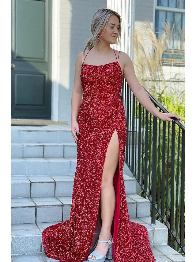 Mermaid / Trumpet Prom Dresses Hot Dress Formal Sweep / Brush Train Sleeveless Spaghetti Strap Sequined Backless with Sequin Slit