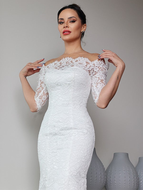 Sheath/Column Lace Ruffles Off-the-Shoulder 1/2 Sleeves Sweep/Brush Train Wedding Dresses