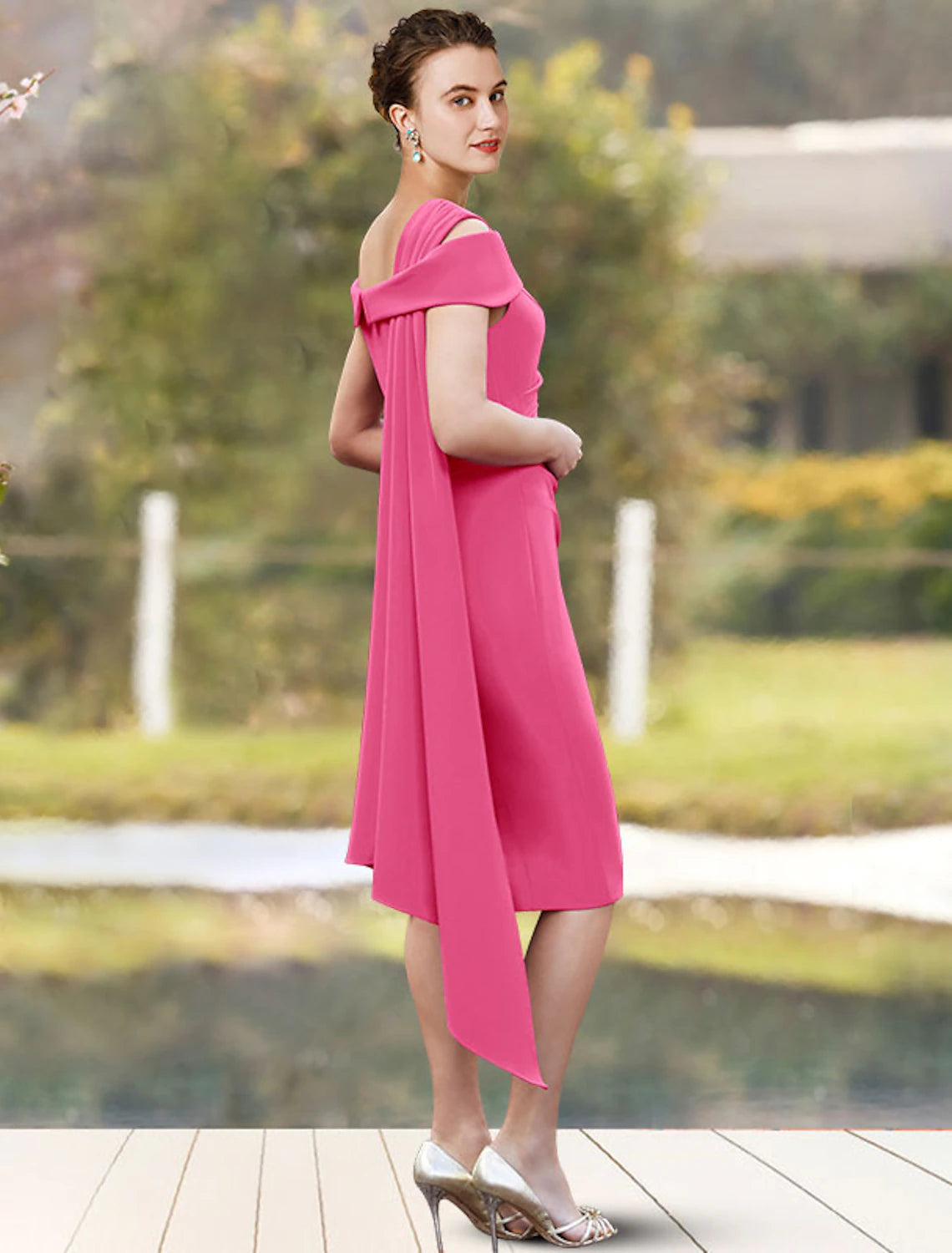 Sheath / Column Mother of the Bride Dress Wedding Guest Jewel Neck Knee Length Stretch Chiffon 3/4 Length Sleeve with Side-Draped