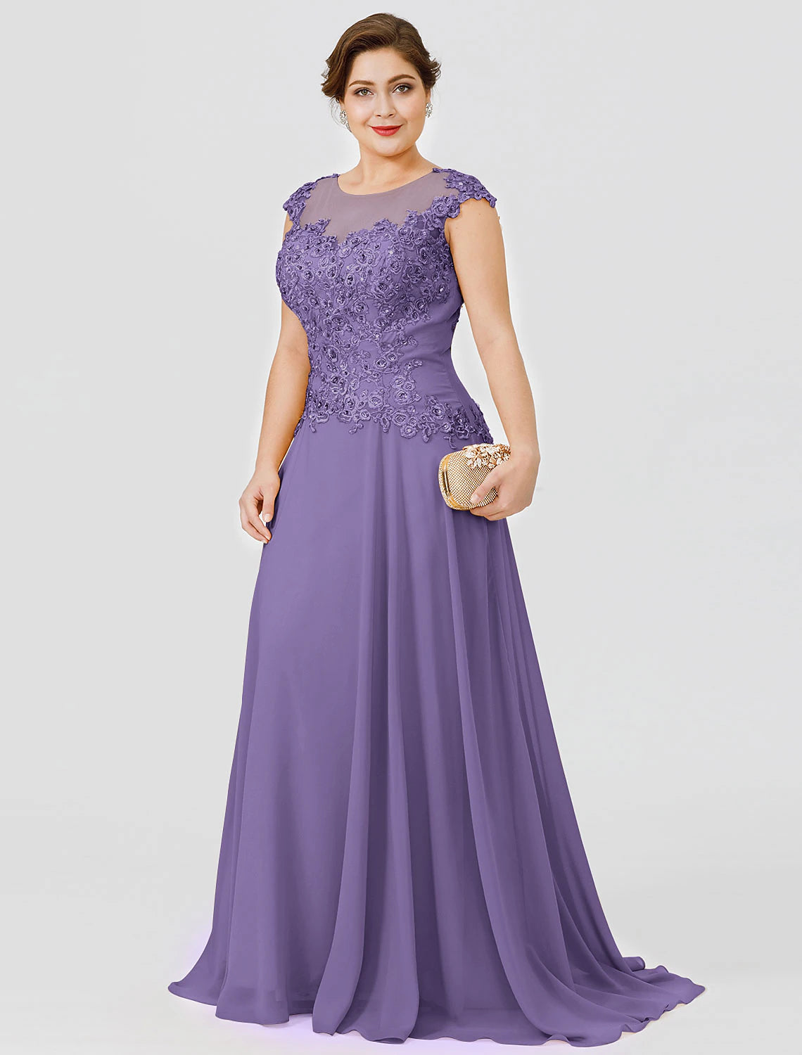 A-Line Mother of the Bride Dress Wedding Guest Elegant Plus Size Illusion Neck Sweep / Brush Train Chiffon Beaded Lace Short Sleeve No with Bow(s) Pleats