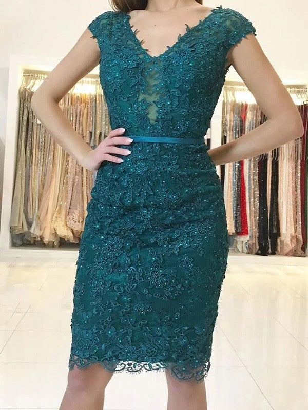 A Line Sheath/Column Lace Sash/Ribbon/Belt V-neck Short Sleeves Knee-Length Mother of the Bride Dresses