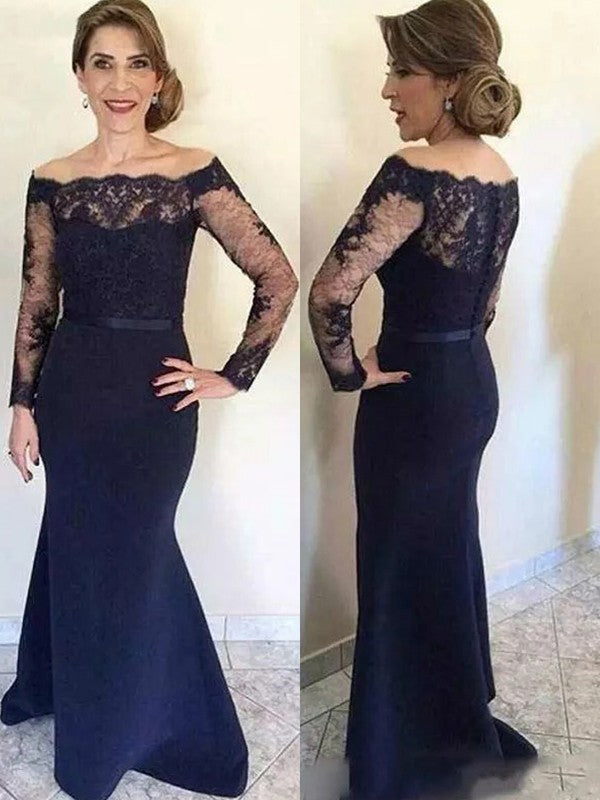 A Line Trumpet/Mermaid Stretch Crepe Lace Off-the-Shoulder Long Sleeves Floor-Length Mother of the Bride Dresses