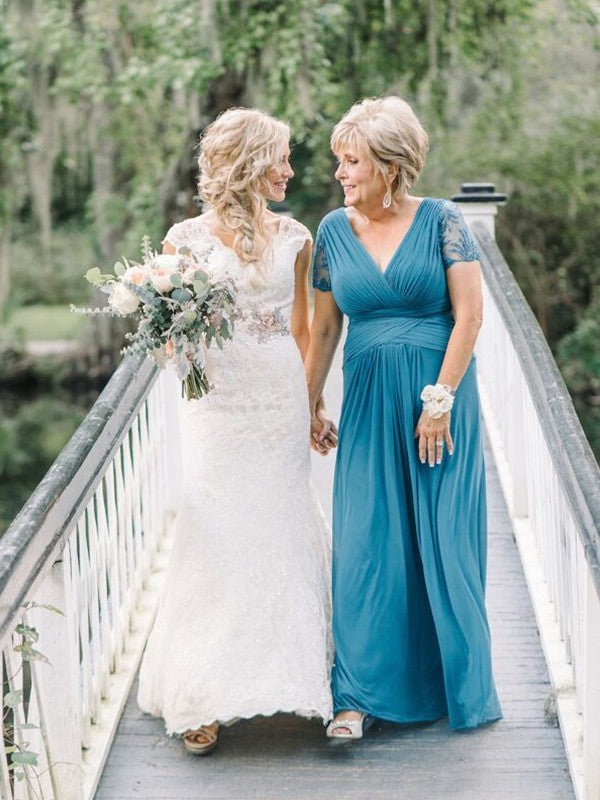 A-Line Chiffon Ruched V-neck Short Sleeves Floor-Length Mother of the Bride Dresses