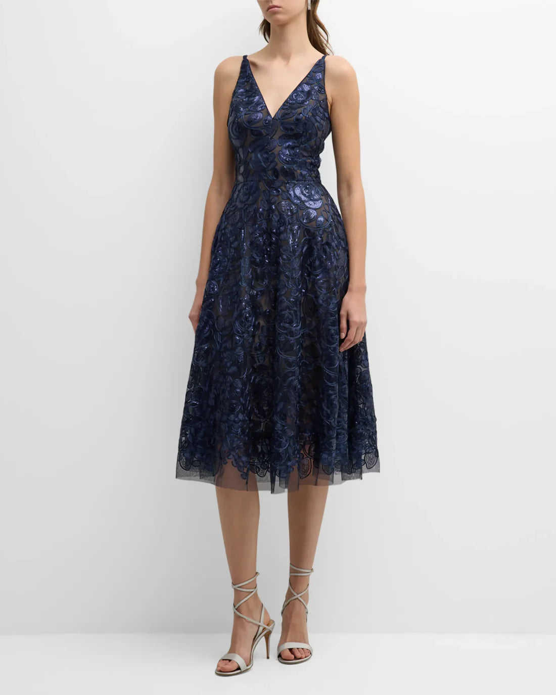 Elegant V-neck sleeveless off shoulder sequin embroidered mid length prom dress Mother of the Bride Dress