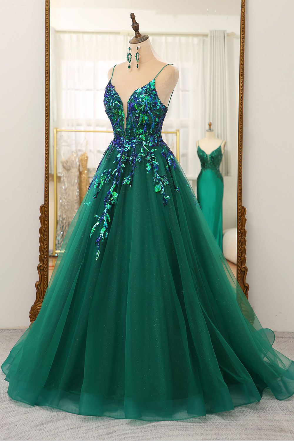Dark Green A Line Tulle Long Prom Dress With Sparkly Sequined Appliques Beautiful