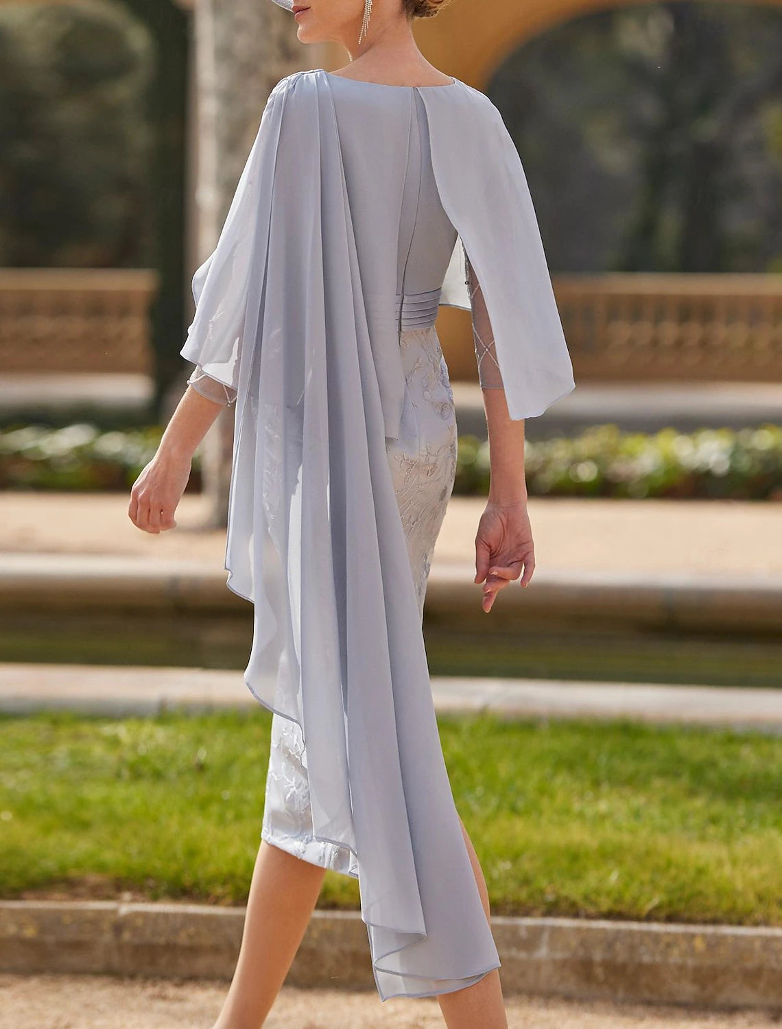 Sheath Mother of the Bride Dress Elegant Dress Jewel Neck Tea Length Chiffon 3/4 Length Sleeve with Sash / Ribbon