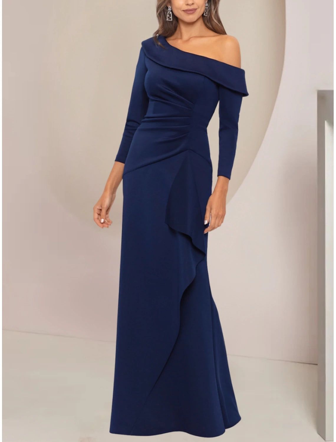 A-Line Off Shoulder Floor Length  Wedding Guest Party Dress  Stretch Fabric Long Sleeve Mother of the Bride Dress with Ruffles Ruching
