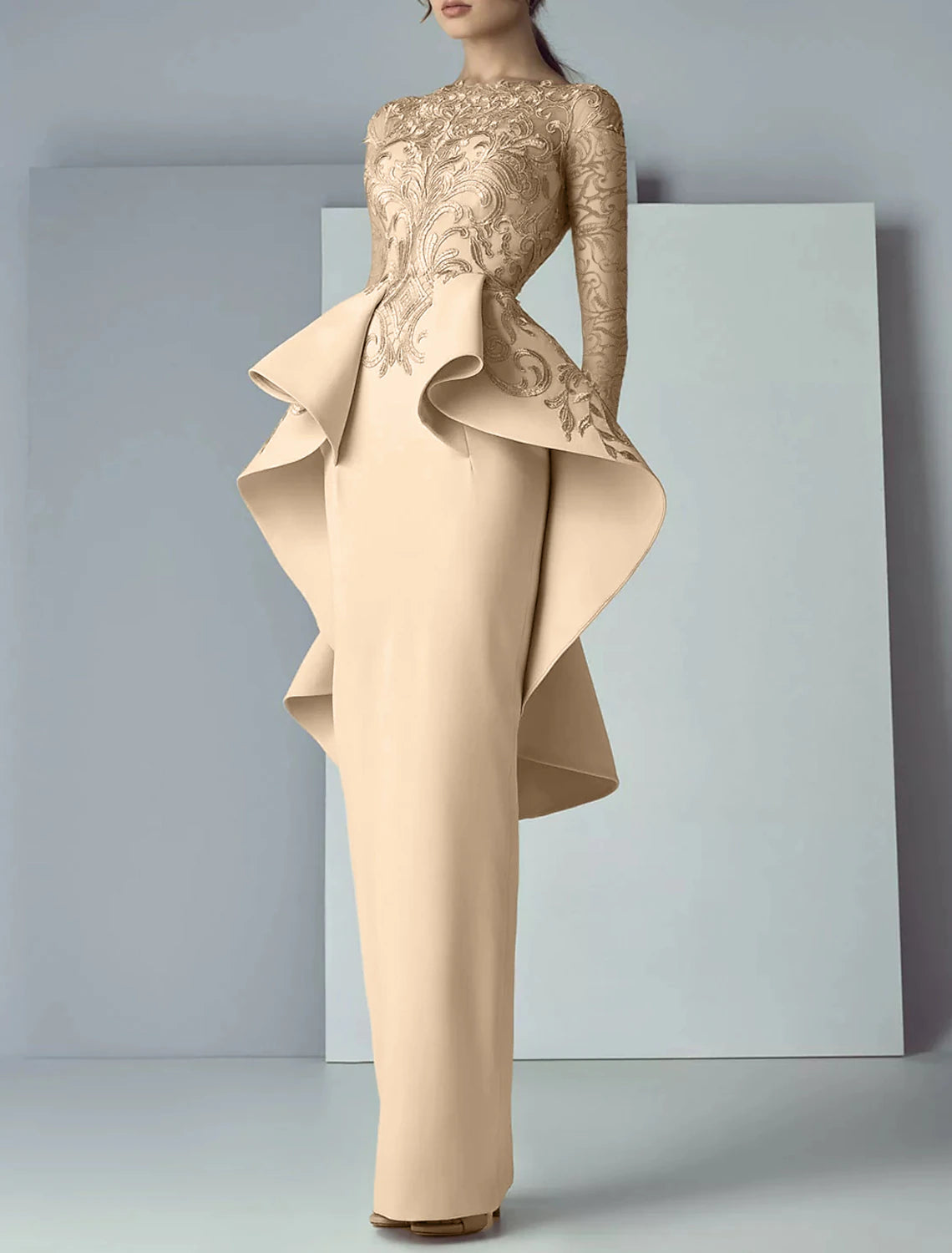 Sheath/Column Mother of the Bride Dress Formal Wedding Guest Scoop Neck Floor Length Long Sleeve with Ruffles Appliques