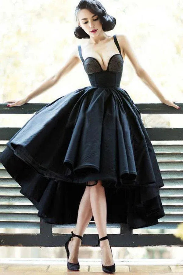A Line Black Homecoming Dresses Spaghetti Straps V Neck Evening Gown High Low  Asymmetric Short Prom Dress