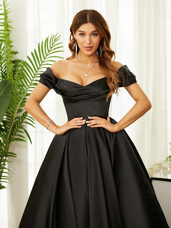 A-Line/Princess Satin Ruched Off-the-Shoulder Sleeveless Tea-Length Dresses