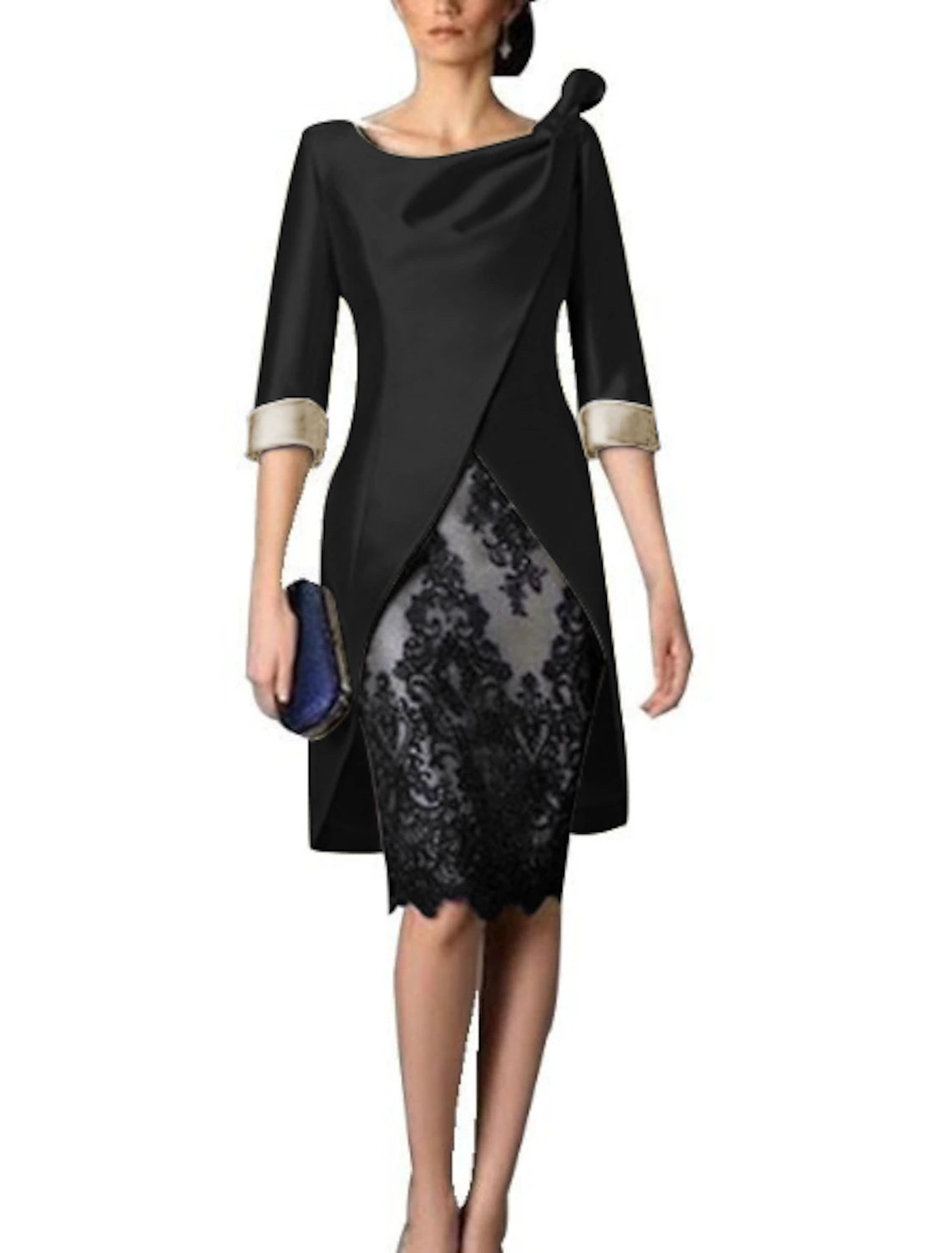 Mother of the Bride Dress Plus Size Sheath / Column  V Neck Knee Length Two Pieces Wedding Guest Party Dress Satin Lace 3/4 Length Sleeve Jacket Dresses