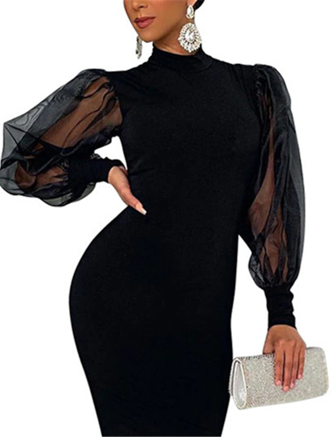 Sheath / Column Cocktail Dresses Black Dress Plus Size Wedding Guest Engagement Tea Length Long Sleeve High Neck Stretch Fabric with Pure Color Splicing