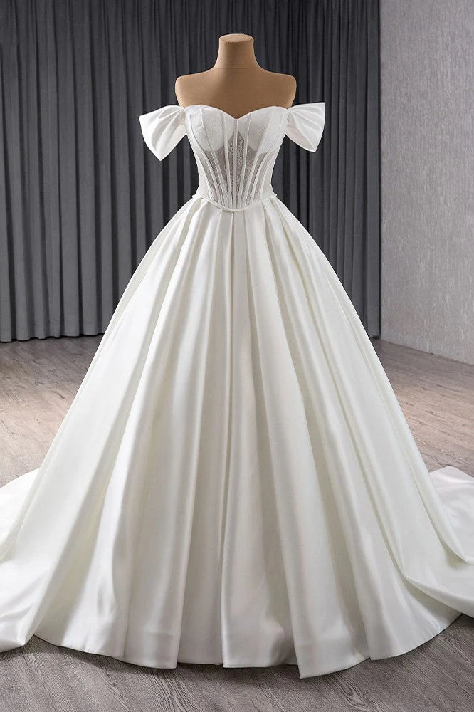 Elegant Off The Shoulder Wedding Dress Corset Satin Ball Gown Charming Bridal Dress