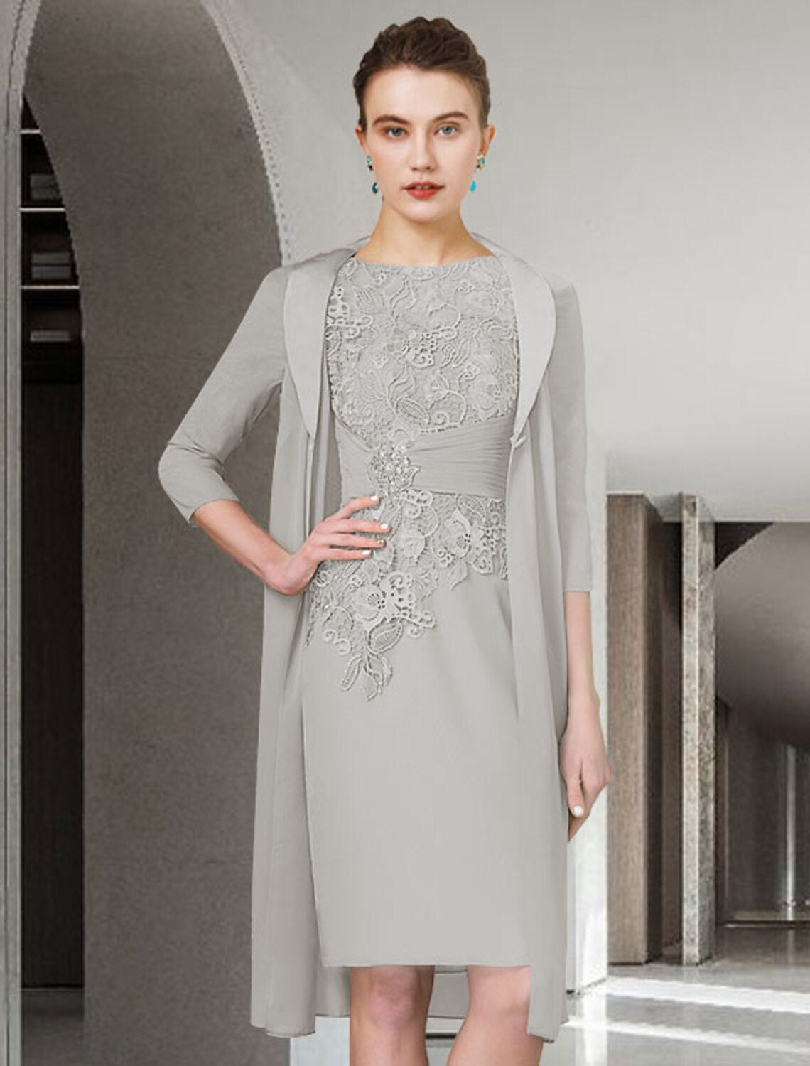 Two Piece Sheath / Column Mother of the Bride Dress Wedding Guest Church Elegant Plus Size Jewel Neck Knee Length Chiffon Lace Half Sleeve Wrap Included Jacket Dresses with Ruched Appliques