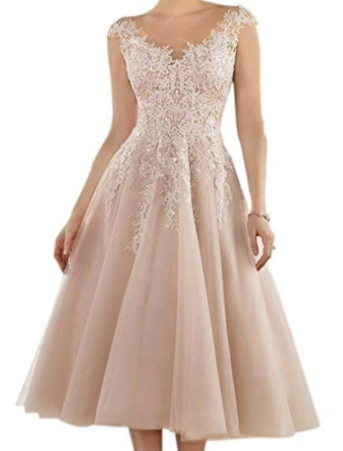 A-Line  V Neck Tea Length Wedding Guest Party Dress   Lace Tulle Sleeveless Mother of the Bride Dress with Pleats Appliques