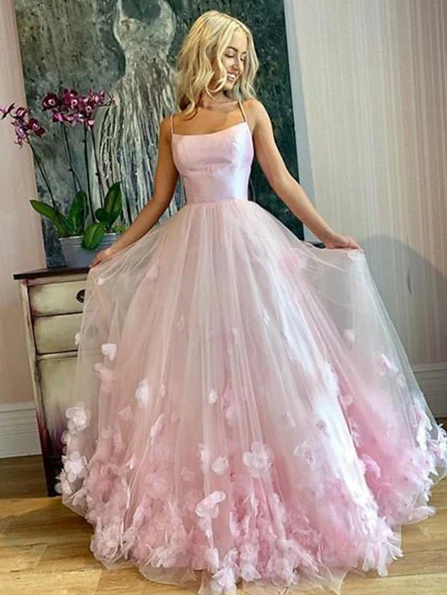 A-Line Prom Dresses Elegant Dress Engagement Floor Length Sleeveless Spaghetti Strap Tulle with Pleats Appliques