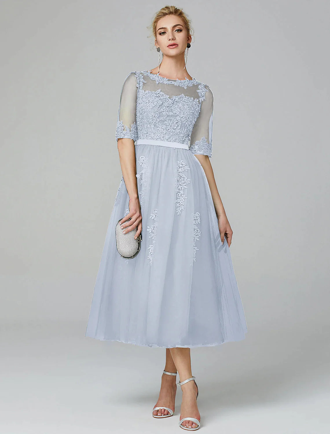 A-Line Sparkle Dress Formal Evening Kentucky Derby Tea Length Sleeveless Illusion Neck Fall Wedding Guest Lace Over Tulle with Sequin Appliques