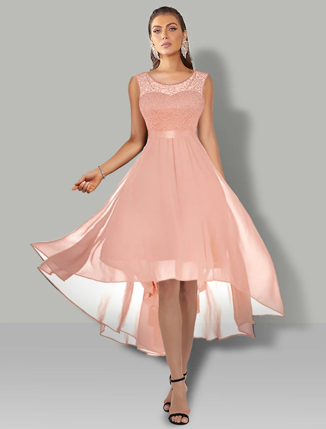 A-Line Cocktail Dresses Vintage Dress Party Wear Asymmetrical Sleeveless Jewel Neck Chiffon with Pleats Lace Insert Pure Color with