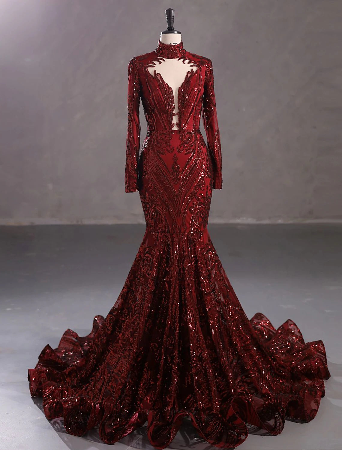 Mermaid Party Dress Evening Gown Sparkle & Shine Dress Carnival Christmas Red Green Dress Court Train Long Sleeve Stand Collar Lace with Sequin