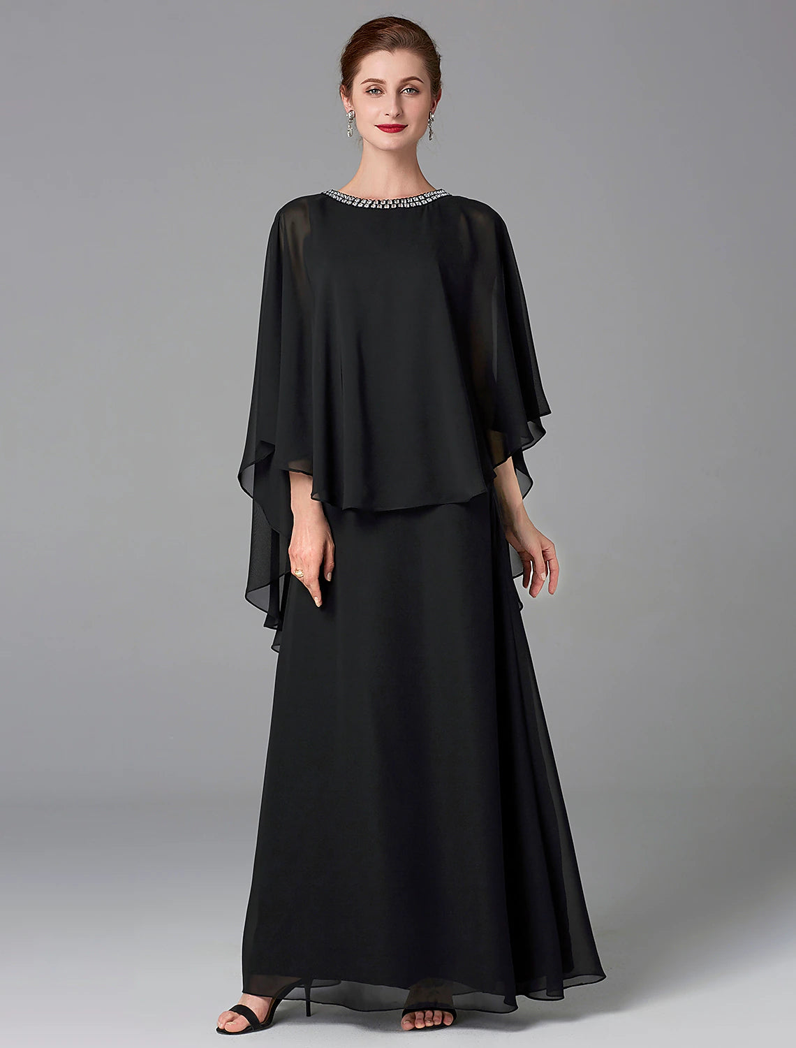 A-Line Mother of the Bride Dress Wedding Guest Elegant Cape Dress Plus Size Jewel Neck Floor Length Chiffon Sleeveless with Beading