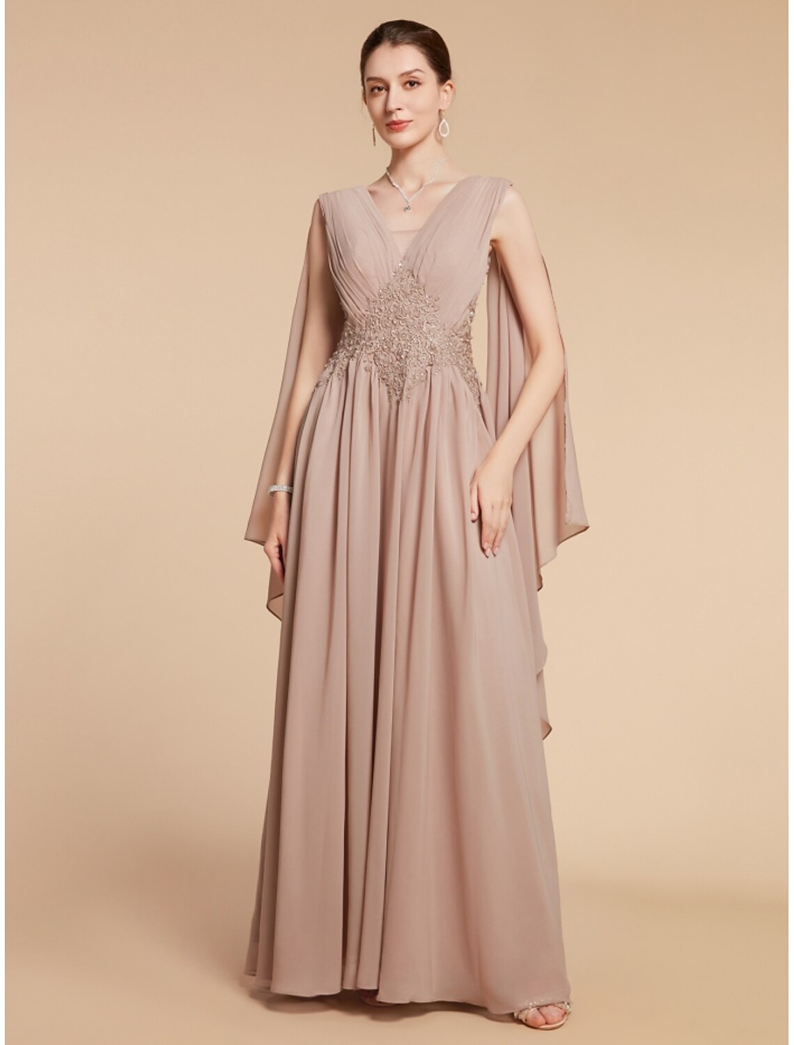 A-Line  V Neck Ankle Length Mother of the Bride Dress Wedding Guest Chiffon Lace Sleeveless with Ruching