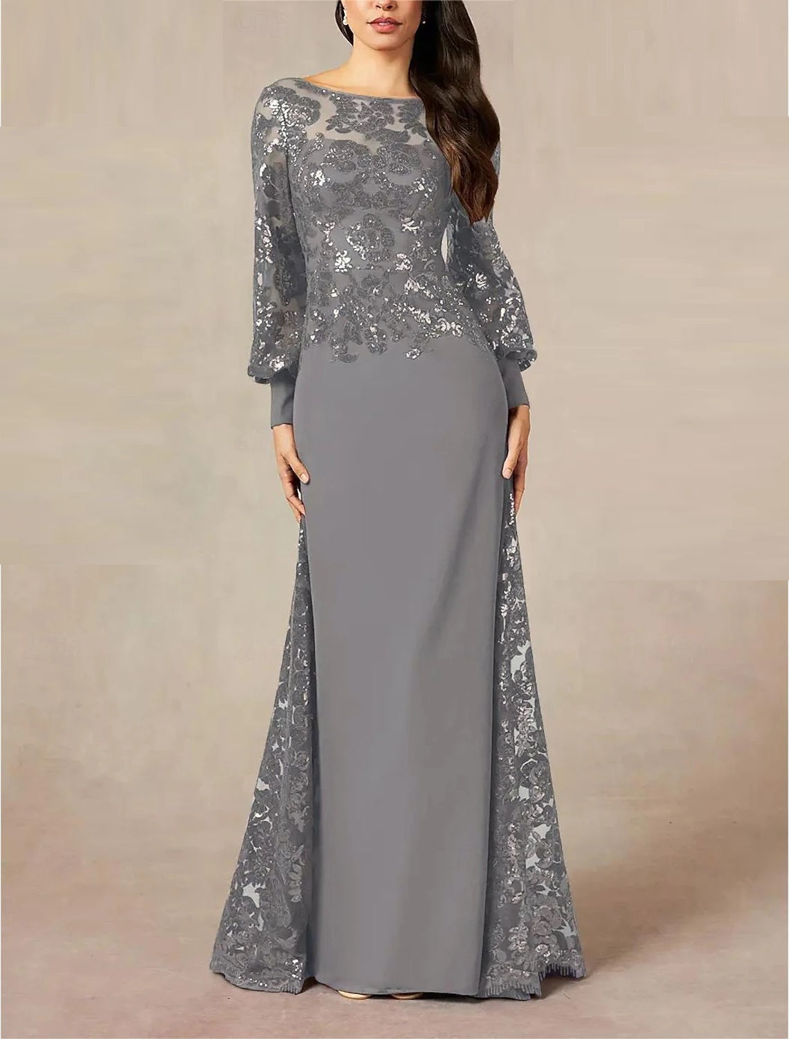 A-Line Sleek Glitter Sparking Sequin Jewel Neck Floor Length Wedding Guest Dress  Chiffon Sequined Long Sleeve Mother of the Bride Dress