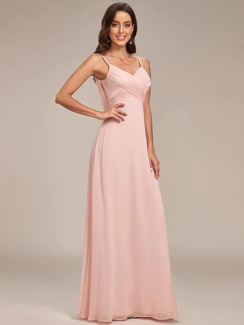 Criss Cross Spaghetti Straps V-Neck Floor Length Chiffon Backless A-Line Bridesmaid Dress/Evening Dresses