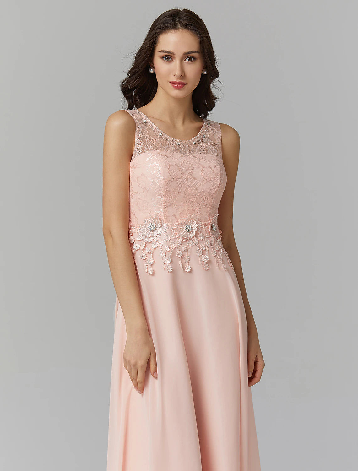 A-Line Empire Dress Valentine's Day Wedding Guest Floor Length Sleeveless Illusion Neck Bridesmaid Dress Chiffon with Beading Appliques