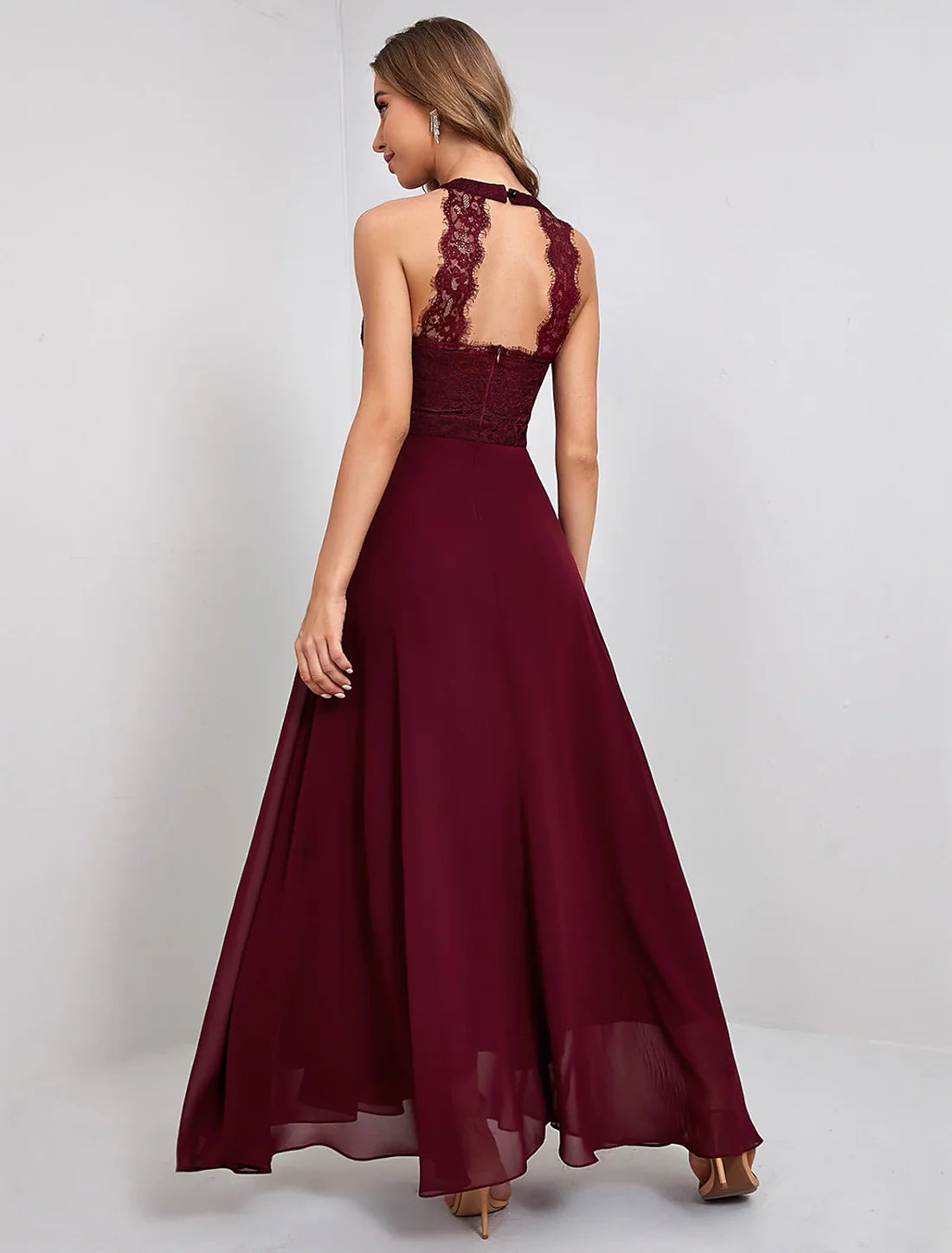 A-Line Halter-neck Elegant Vintage Party Wear Formal Evening Dress Jewel Neck Sleeveless Ankle Length Nylon with Lace Insert Pure Color Splicing