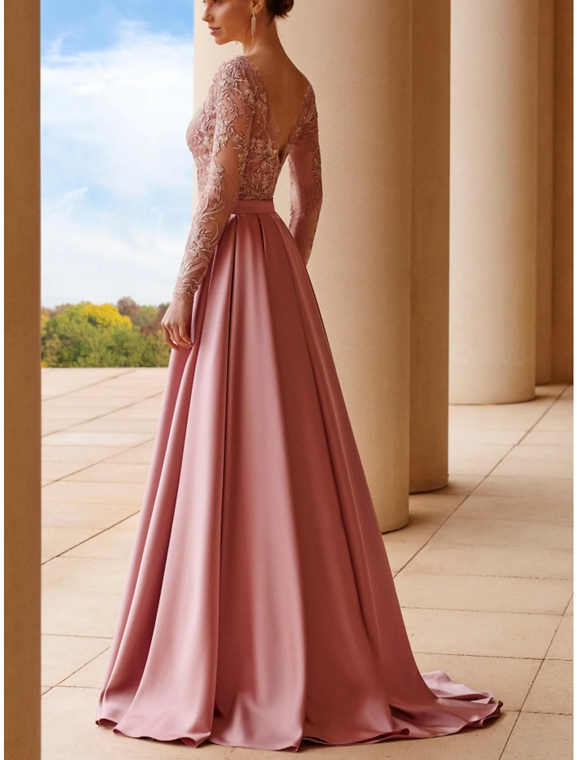 Mother of the Bride Dress Wedding Guest Elegant Scoop Neck Sweep / Brush Train Stretch Satin Long Sleeve with Lace Sash / Ribbon Ruching